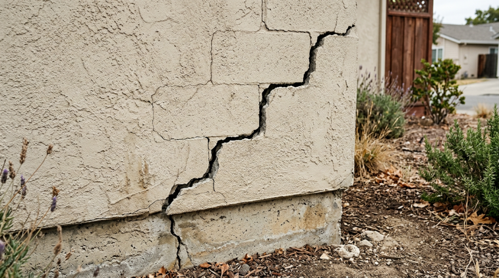 Stair-step crack in exterior stucco near a home's foundation line, a warning sign of settlement in expansive clay soil