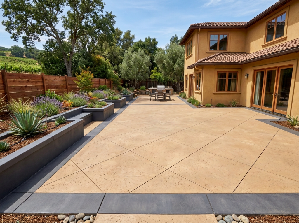Newly finished scored concrete patio with charcoal border and matching built-in concrete planters in a Napa County backyard