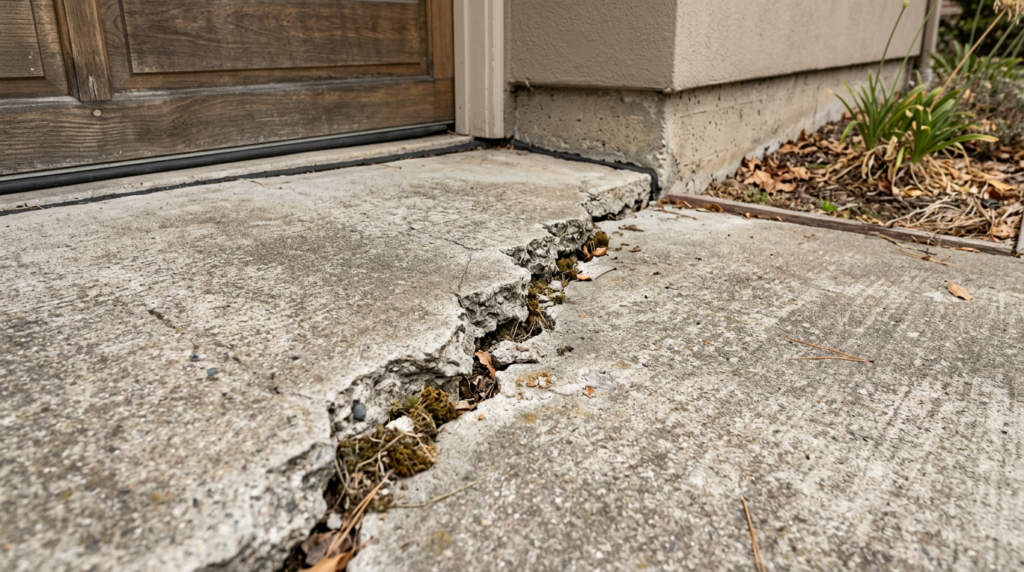 Diagonal stair-step crack in a concrete driveway caused by expansive clay soil movement, Solano County