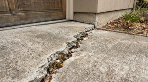 Diagonal stair-step crack in a concrete driveway caused by expansive clay soil movement, Solano County