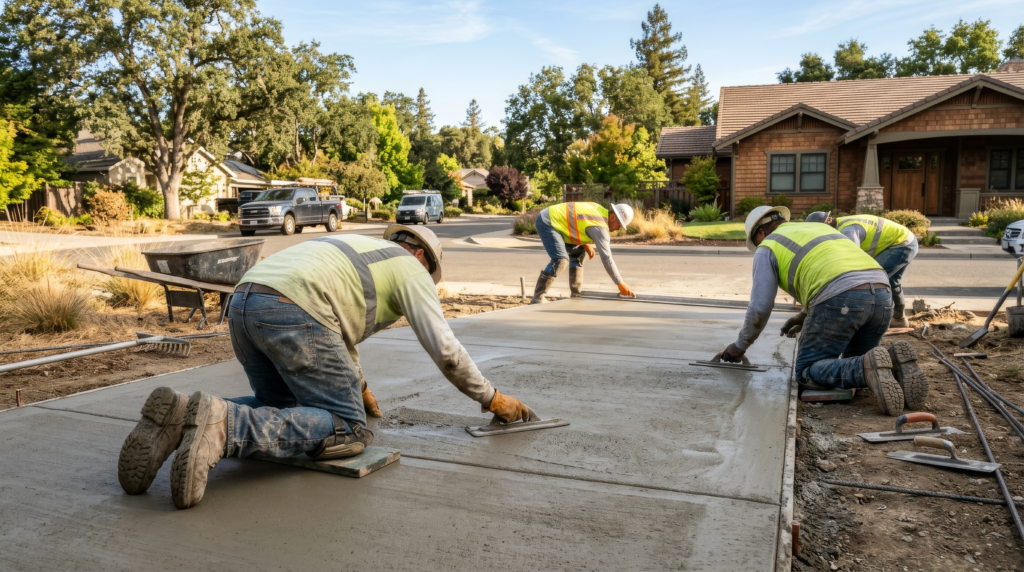 Concrete crew troweling a freshly poured slab on a clear morning in Northern California