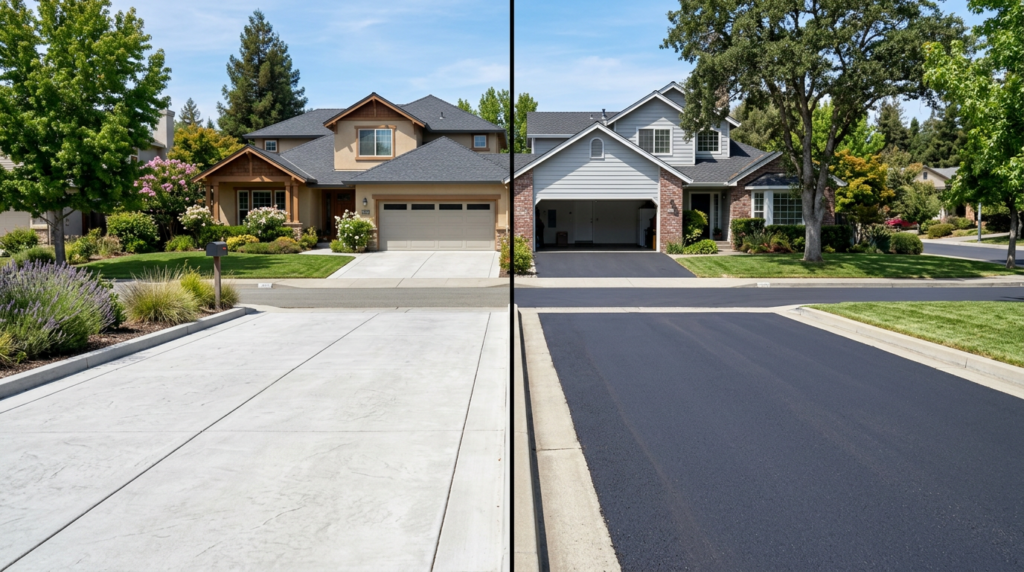Side-by-side comparison of a concrete driveway and an asphalt driveway leading to suburban homes