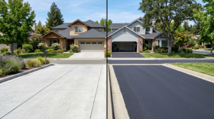 Side-by-side comparison of a concrete driveway and an asphalt driveway leading to suburban homes