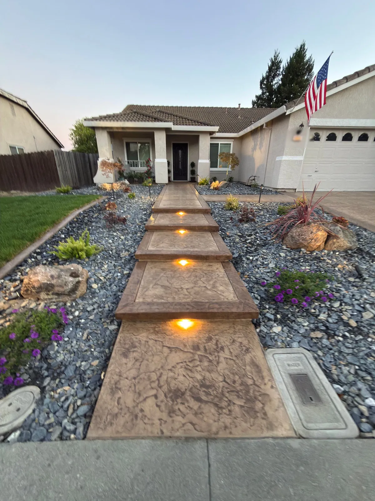 Roman Slate stamped concrete walkway and steps, Vacaville