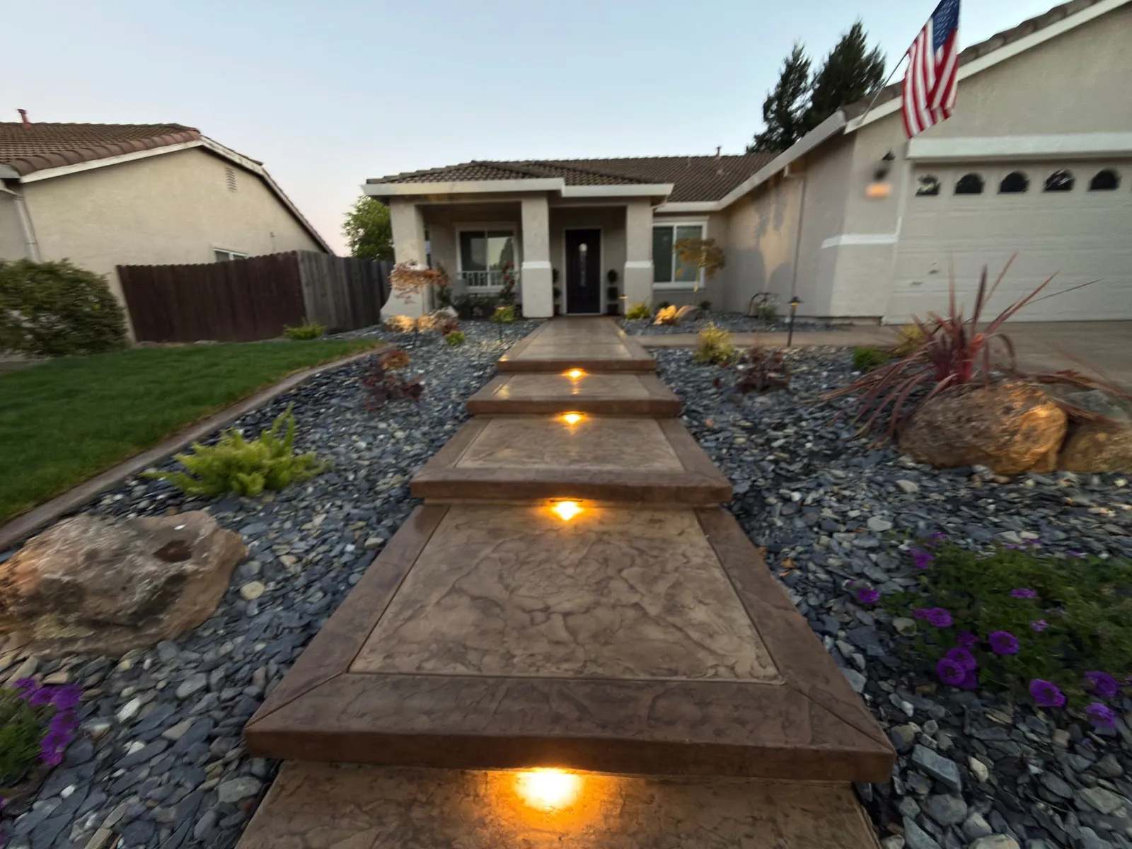 Lighted stamped concrete steps leading to a home in Browns Valley, Vacaville