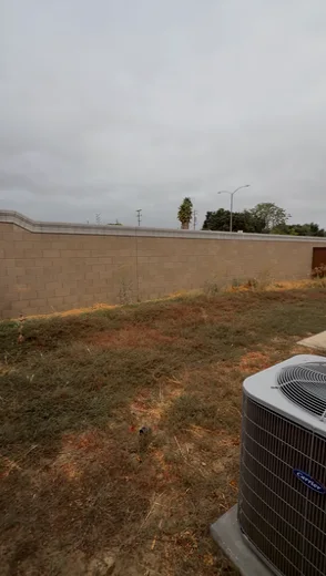 Woodland Spring Lake backyard before the project: dry lawn along the block wall